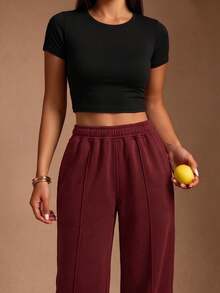 Women's Casual Loose Minimalist Solid Color Elastic Waist Sweatpants With Pockets - Burgundy - View 3