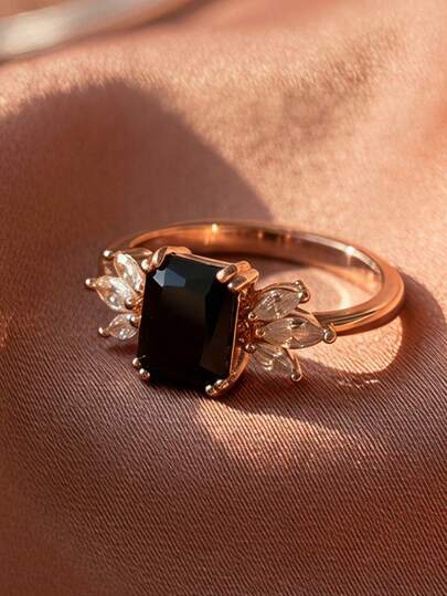 1Pc Elegant Ring For Women Inlaid With Rectangle Black Cubic Zirconia Suitable For Daily Wear And Party Lovely Jewelry Gift For Her.