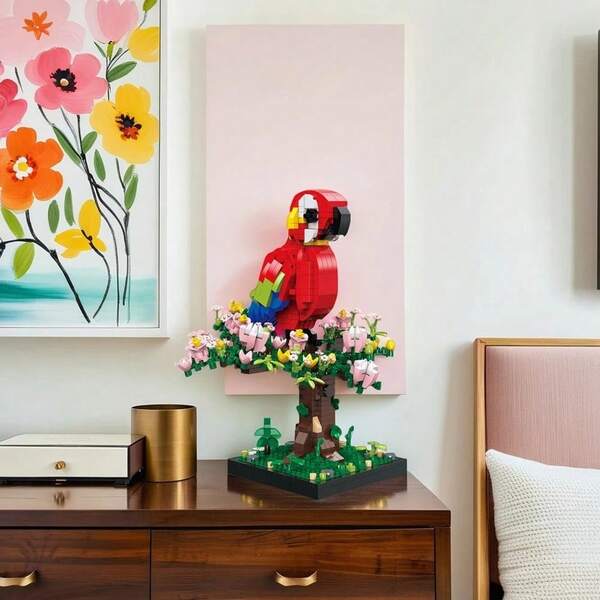 Mini Building Blocks Set, Colorful 3D Parrot Model Kit With Tropical Tree Scene Design, DIY Assembly Building Block Puzzle, Creative Desktop Decoration Ornament, Home Office Collection Display Craft Gift