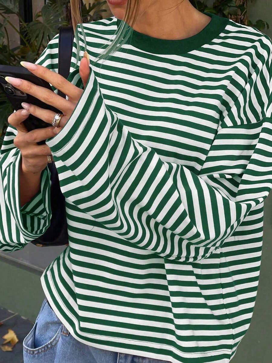 1pc Tween Girls Casual Classic Retro Striped Fashion Design Crew Neck Long Sleeve T-Shirt Top Autumn/Winter - Green - View 1