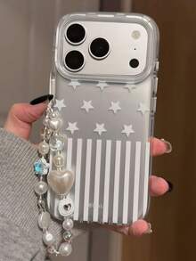 Matte Silver Star Stripe Phone Case Compatible With IPhone 17 Pro Max, 16 Pro, 15, 13, 14, With Lanyard, Airbag Dual Layer Full Coverage Shockproof Protective Cover For Women - Silver - View 1