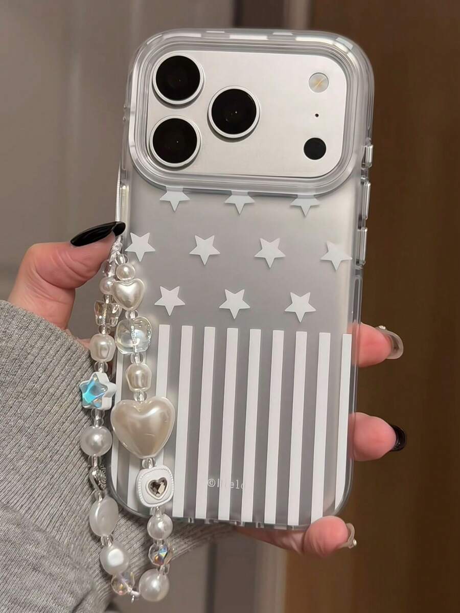 Matte Silver Star Stripe Phone Case Compatible With IPhone 17 Pro Max, 16 Pro, 15, 13, 14, With Lanyard, Airbag Dual Layer Full Coverage Shockproof Protective Cover For Women - Silver - View 1