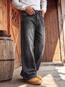 Men's Vintage Grey Gradient Cat Whisker Wide Leg Jeans, Black-Grey Gradient Distressed Washed Double Layer Horizontal Panel Stitching, Casual Versatile Denim Pants - Grey - View 2
