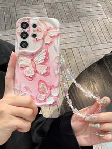 1件波浪邊緣手機殼，油畫風粉色蝴蝶印花，搭配粉色蝴蝶珍珠珠飾掛繩，防滑防摔保護殼，清新溫柔風格，適合日常使用，送給女孩的完美精緻禮物，相容 Apple 17/17 Pro/17 Pro Max、S20-S25/FE/Ultra、A56 5G 手機 - 無色 - 查看 5