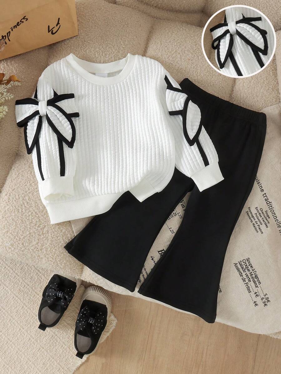 2pcs Korean Style Baby Girl Vertical Stripe Cuff Bow Design Round Neck Long Sleeve Top And Versatile Black Flared Pants Set, Suitable For Spring And Autumn Daily Outings - White - View 1