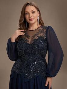 EVERPRETTY Autumn Plus Size Luxury Elegant Heavy Beaded Embroidery Long Sleeve Formal Evening Gown Suitable For Evening Party Formal Occasions Anniversary - Navy Blue - View 7
