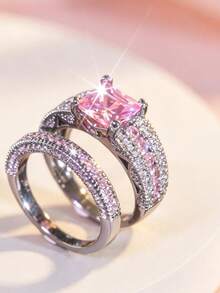 Yayi jewelry 2PCS Women's Princess Square Double-Row Sparkling Rings, Wide Main Ring Paired With Double-Layer Thin Rings, Luxury Style Stackable Rings, Bridal Wedding Rings With Novel Design, Young Girl Engagement Anniversary Gift - Pink - View 7