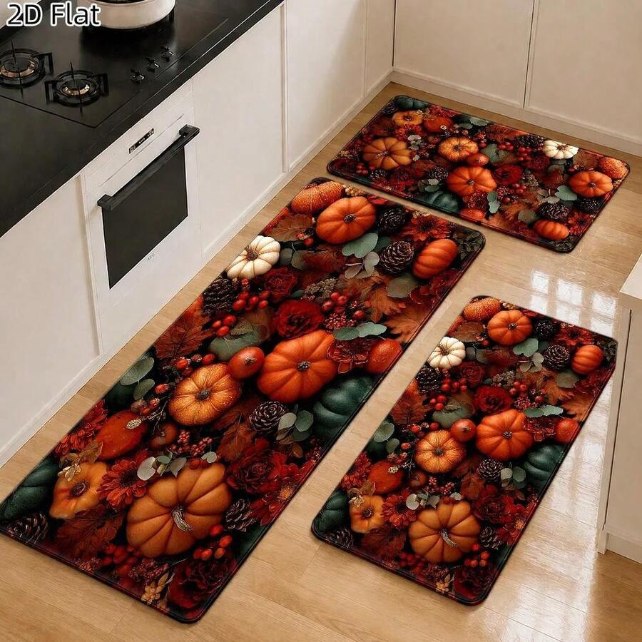 Thanksgiving Kitchen Mat Set Pumpkin Pinecone Berry Leaf Flower Floor Runner Doorway Rug Welcome Decor Bathroom Carpet Laundry Room Decorations Balcony Entrance Drying Pad For Sink Stove Hallway Porch Halloween Christmas Birthday Back To School Gift