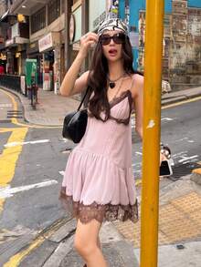 GMFP 女款夏秋休閒優雅時尚蕾絲拼接粉色派對細肩帶洋裝，世界盃、度假季、日穿搭 - 粉色 - 查看 5