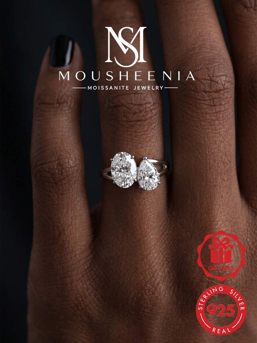 MOUSHEENIA 4CT TW Oval And Pear Cut Moissanite Toi Et Moi Ring 925 Sterling Silver Two Stone Bypass Engagement Ring Luxury Promise Band Fine Jewelry For Women - Ring - View 1