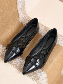 Pointed Toe Low Vamp Bow Flat Shoes, Delicate Satin Texture Soft And Premium Feel, Versatile Shoes - Deep Black - View 22