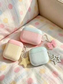 1 buah Casing Earphone Minimalis Warna Pink/Biru/Kuning dengan Garis-garis Warna Solid dan Liontin Bintang/Pita, Kompatibel dengan Pro 3, Pro 2, dan Apple 4, Casing Earphone Minimalis Lucu untuk Anak Perempuan Generasi 1/2. - MultiWarna - View 2