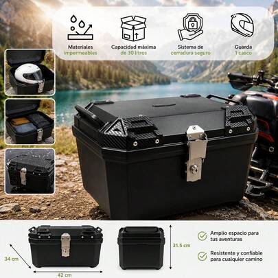 Cajuela para Moto 30L Impermeable 42 x 34 x 31.5 cm, Top Case con Cerradura y Llaves, Maleta para Motocicleta con Respaldo Acolchado, Esquinas Reforzadas y Reflectores (DP051)