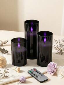 3pcs Remote Control Purple Flame Electronic Candles, Realistic Flickering Purple Flame, Timer Dimmable, Halloween Dark Room Bedroom Party Smokeless Tabletop Atmosphere Decoration Candle Light Set - Black Purple Light - View 2