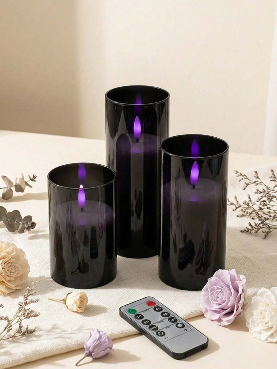 3pcs Remote Control Purple Flame Electronic Candles, Realistic Flickering Purple Flame, Timer Dimmable, Halloween Dark Room Bedroom Party Smokeless Tabletop Atmosphere Decoration Candle Light Set