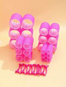 9pcs Self-Adhesive Hair Roller Set, Suitable For Different Hair Lengths, Heatless Curlers With Clips, DIY Hair Styling Tool - Hot Pink - View 5