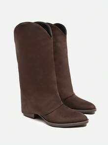 Black Slimming Multi-Color New Ruched High Tube Boots 2025 Autumn/Winter New Pointed Toe Chunky Heel High Heel Slim Knee-High Long Boots For Women - Coffee Brown - View 4