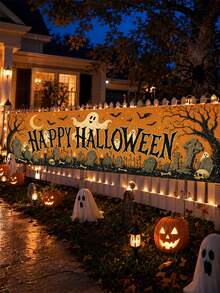 1pc Halloween Banner, Vintage Orange Happy Halloween Letters With Pumpkin, Ghost, Black Cat, Skeleton Monster Print, Suitable For Porch, Yard, Wall And Holiday Party Decoration - Vintage Cartoon - View 7