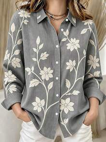Blusa de manga larga con botones y estampado floral de moda casual para mujer de talla grande, otoño - Gris - Ver 1