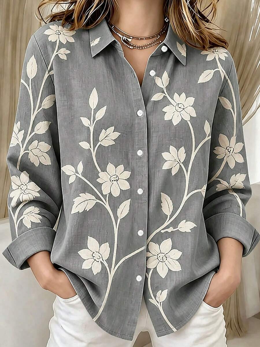 Blusa de manga larga con botones y estampado floral de moda casual para mujer de talla grande, otoño - Gris - Ver 1