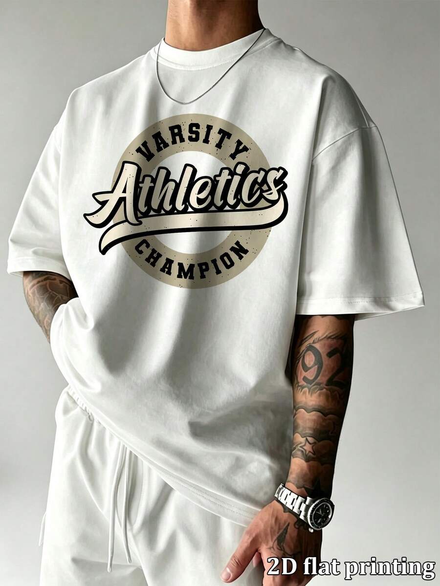 Maglietta da uomo vintage varsity athletics champion con stampa grafica, oversize, maniche corte, girocollo, casual, ampia, vintage, streetwear, comoda, estiva, per uso quotidiano - Bianco - Visualizzare 1