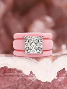 3 Piecessilicone Ring Cutting Synthetic Zirconia Pink Ring Set, Suitable For Daily Wear, Weddings, Valentine's Day, Anniversaries, And Gifts - Ring Set - View 1
