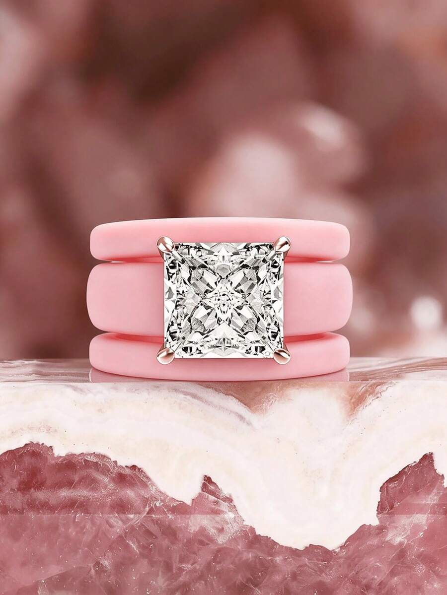 3 Piecessilicone Ring Cutting Synthetic Zirconia Pink Ring Set, Suitable For Daily Wear, Weddings, Valentine's Day, Anniversaries, And Gifts - Ring Set - View 1