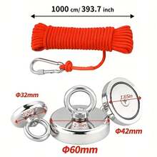 4PCS-32mm + 42mm + 60mm + 1000cm (32.8ft) Dedicated Rope Kit - With Fixing Buckle - Strong Magnetic Hook, Fishing Magnet, Round Neodymium Magnet, Large Magnetic Label Remover (With Eye Bolt), Heavy Duty Rare Earth Magnet, For Retrieving Items From Lakes, Rivers, Beaches And Lawns, Recovery Equipment - A - View 2