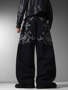 Skyrend Men Gothic Wide Leg Jeans, American Streetwear Denim Pants, Retro Embroidered Grunge Baggy Jeans For All Season Daily Commute, No Belt Halloween - Black - View 8
