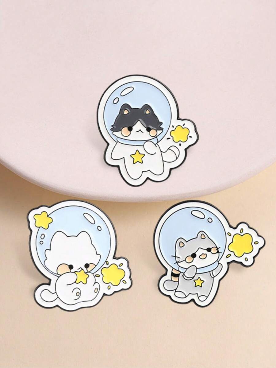 3pcs Cute Astronaut Cat Badge, Cartoon Space Cat And Star Enamel Pin, Fashion Accessory For Clothes And Backpacks, Gift For Cat And Astronaut Lovers