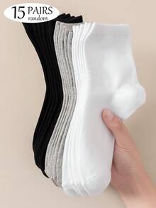 1/5/10/15 Pairs Unisex Socks, Thick Cuff Sports Socks, White & Black & Grey Mid-Calf Socks, Long Socks, Solid Color Minimalist Fashion Casual, Suitable For Daily Wear And Indoor Use - Multicolor - View 12