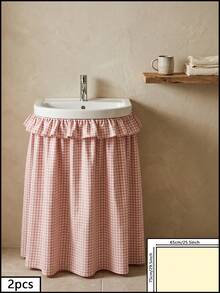 1pc Khaki Plaid Washbasin Skirt, Bright And Lively Style, Fabric With Washed Texture, Round Shape With Top And Bottom Ruffle Hem, Pleated Details, Concealing Washbasin Storage And Decorative Function, Suitable For Bathroom Daily Arrangement And Warm Tone Home Decor Scenes - Khaki - View 9