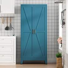 Home Farmhouse Storage Cabinet With 2 Barn Door, Tall Kitchen Pantry Cupboard With 3 Adjustable Shelves, For Dining Room, Bathro - Blue Green - View 2