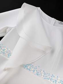 Curvy Women White Elegant Peplum Midi Dress Round Neck Long Sleeve Ruffle Sequin Trim Bodycon Formal Church Party Wedding Guest Fall Outfit - White - View 8