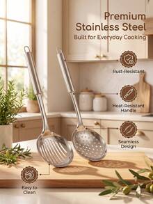 Stainless Steel Oil Skimmer Set: Stainless Steel, Non-Deformable. Long Handle For Heat Insulation And Protection, Suitable For Scooping Pasta, Frying Food, Filtering Excess Oil, And Easy To Clean With Water Rinse. - Multicolor - View 9