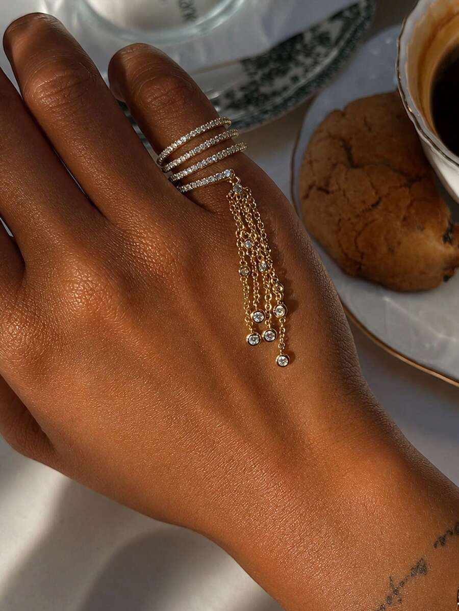 FAAABULS 1 buah Cincin Rumbai Berlian Imitasi Berlapis Emas Wanita, Desain Lilitan Ganda dengan Rantai Gantung, Cocok untuk Pesta, Kencan, dan Pemakaian Sehari-hari, Perhiasan yang Dipersonalisasi - rumbai - View 1