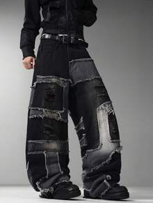 Men's Hong Kong Retro Patchwork Jeans, Ripped Wide Leg Loose Denim Pants, Street Fashion Long Trousers (No Belt/Accessories Included) - Black - View 7