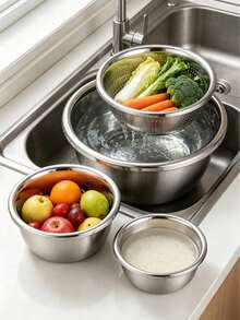 3pcs/1pc Large Rim Stainless Steel Seasoning Bowl, Thickened Durable Space-Saving Stainless Steel Multi-Functional Basin, Suitable For Kneading Dough, Washing Vegetables And Commercial Seasoning Storage. Prevent Water Splashing And Spilling (Large Rim Design); Excellent Practical Gift For Housewives, Christmas/Back To School Season. - View 5