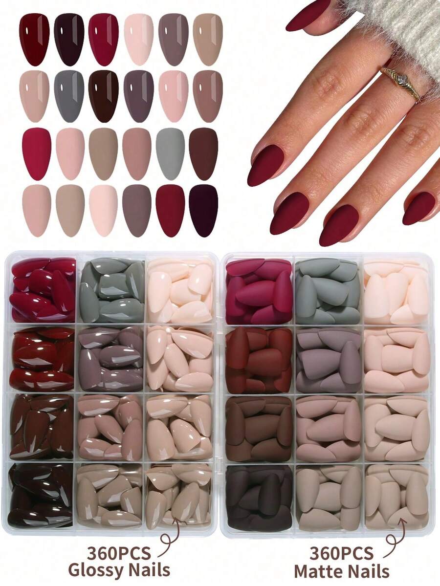 32 buah Kuku Akrilik Pendek Berbentuk Almond Mengkilap Warna Merah Burgundy - MultiWarna - View 1