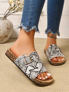 New Thick Sole Women's Slippers, Summer Beach & Home Wear, One-Strap Buckle Sandals - Black and White - View 5
