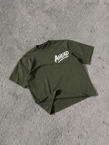 Women's Oversized Crew Neck Short Sleeve T-Shirt, Available In Multiple Colors, Chest With Printed "AHEADED" Graphic, Minimalist Streetwear - Olive Green - View 3