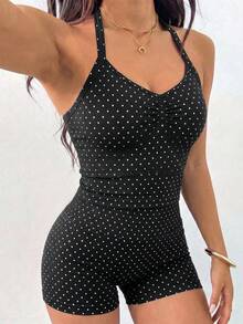 2pcs Polka Dot Halter Neck Backless Top + High Waist Hip-Hugging Shorts Fitness Yoga Set - Black - View 5