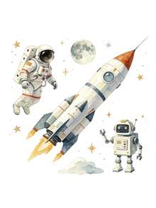 1 set/2 stora akvarellväggdekaler med rymdmotiv, lämpliga för barnrum, astronaut-, raket- och robotdekalset, avtagbar självhäftande vinylväggmålning, galaxtema för sovrumsdekoration - Multifärgad - Visa 12