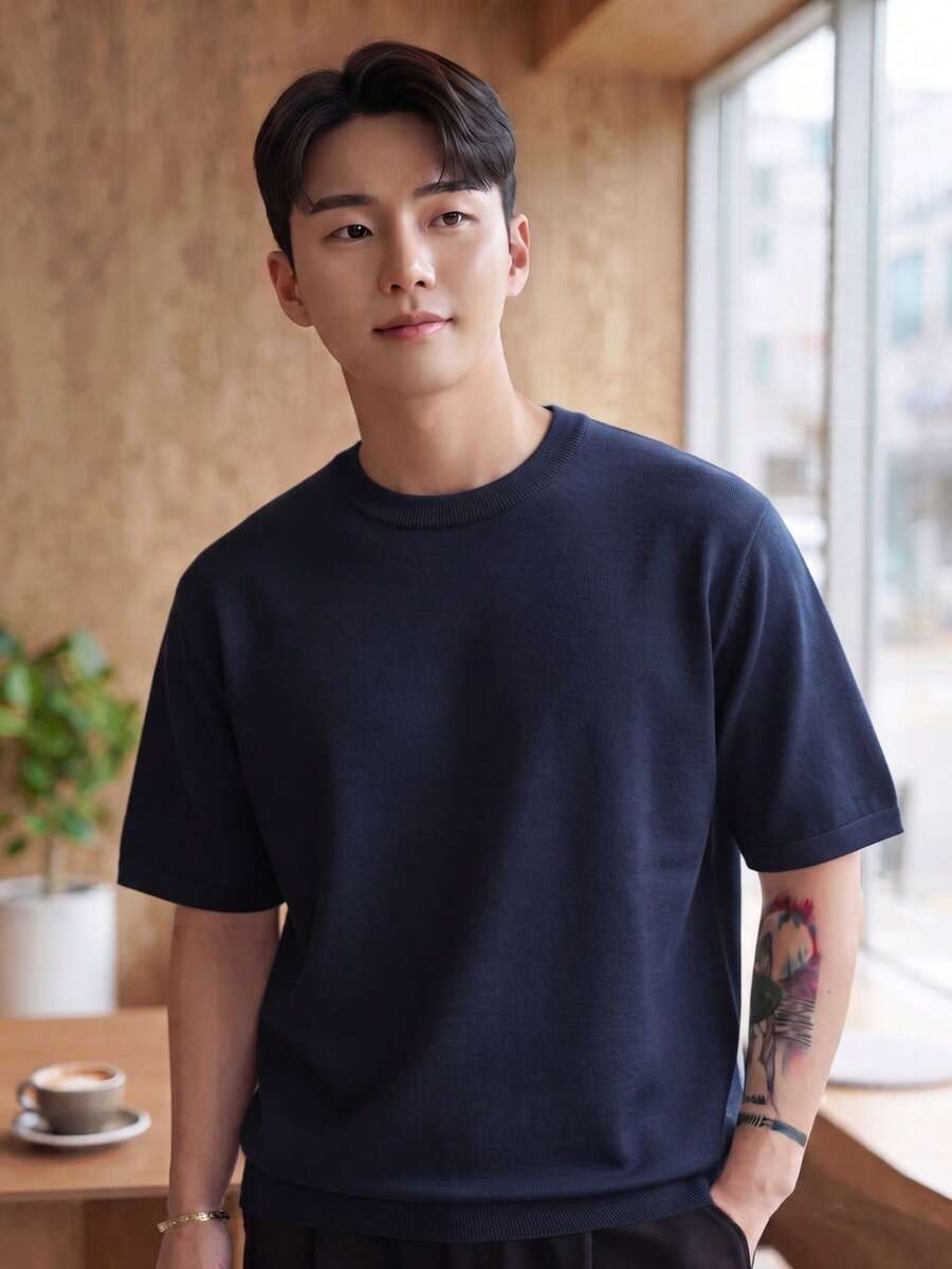 Spring/Summer New Business Style Solid Color Mature Minimalist Brushed Knit Base Layer Short Sleeve T-Shirt Back To School - Blue - View 1