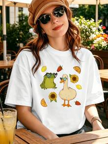Frog And Duck Graphic Tee, 100% Cotton, Crew Neck, Relaxed Fit, Hip-Hop Street Style. - White - View 1