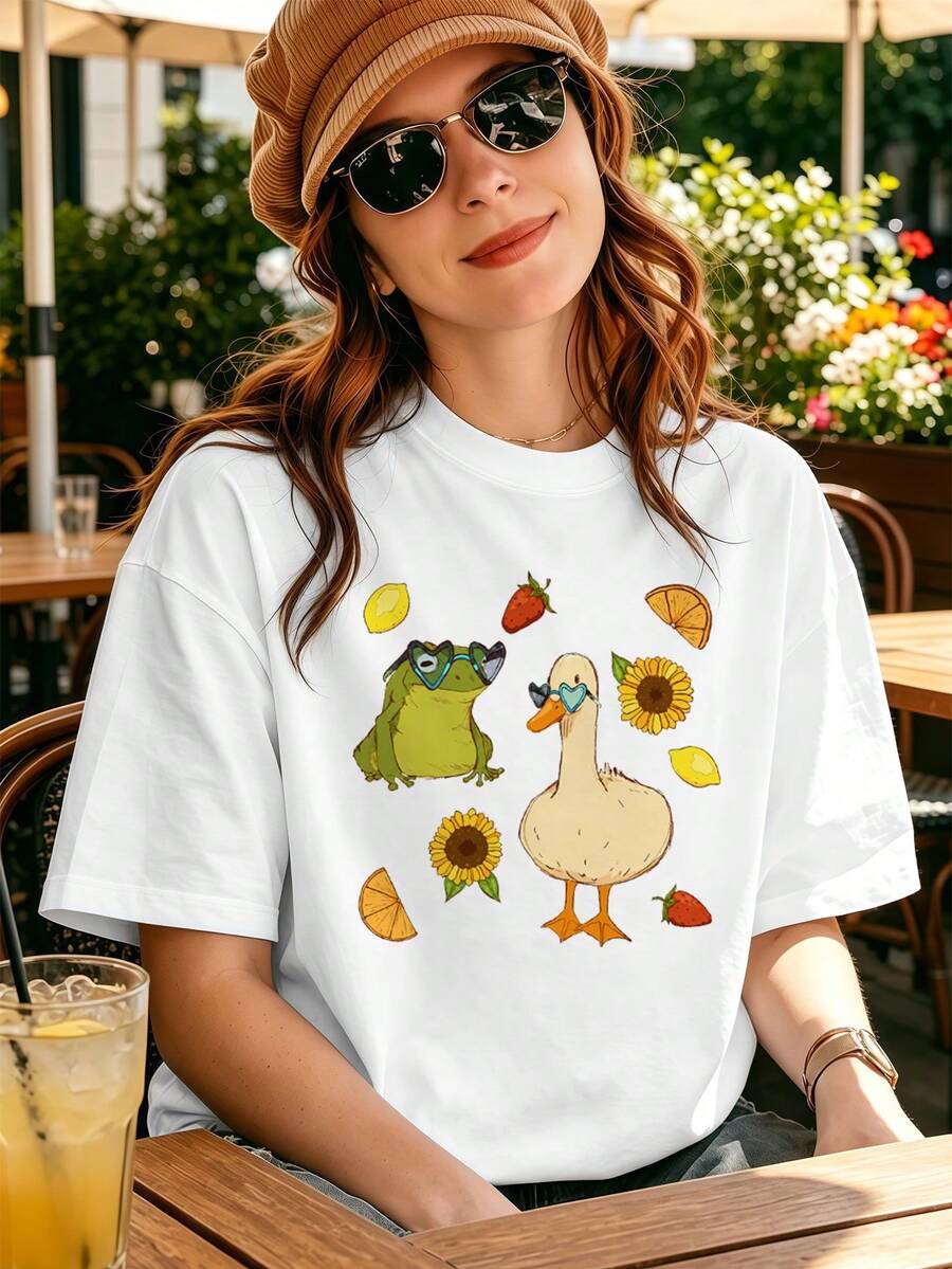 Frog And Duck Graphic Tee, 100% Cotton, Crew Neck, Relaxed Fit, Hip-Hop Street Style. - White - View 1