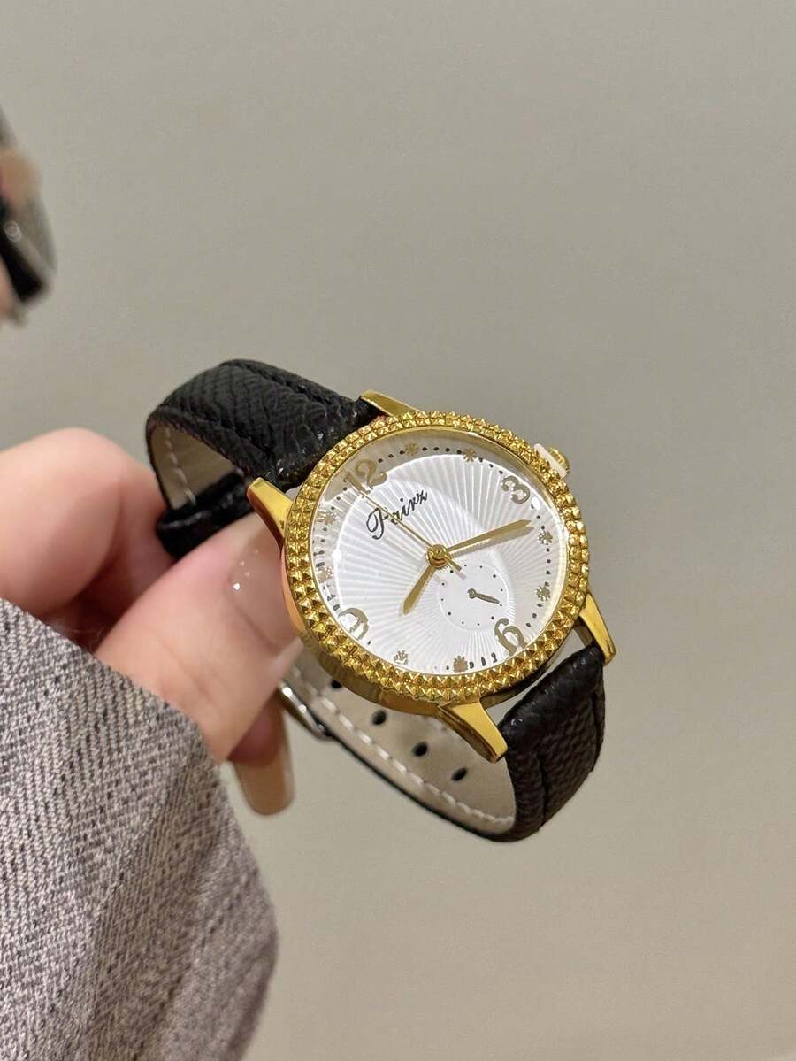 1 pieza Reloj de cuarzo para mujer estilo retro con correa ajustable, forma elíptica con escala de números romanos, compacto y perfecto para uso diario - Negro - Ver 1
