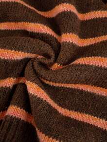 Women's Round Neck Single-Breasted Contrast Stripe Lantern Sleeve Knit Cardigan, Loose Casual Fashion Versatile, Retro Street Commute Style, Autumn/Winter - Brown - View 6