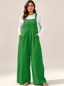 IGKEEL Jumpsuit Kasual Wanita Ukuran Besar dengan Lipit, Kaki Lebar, Warna Polos, Dilengkapi Saku, Musim Semi/Panas - Hijau - View 2