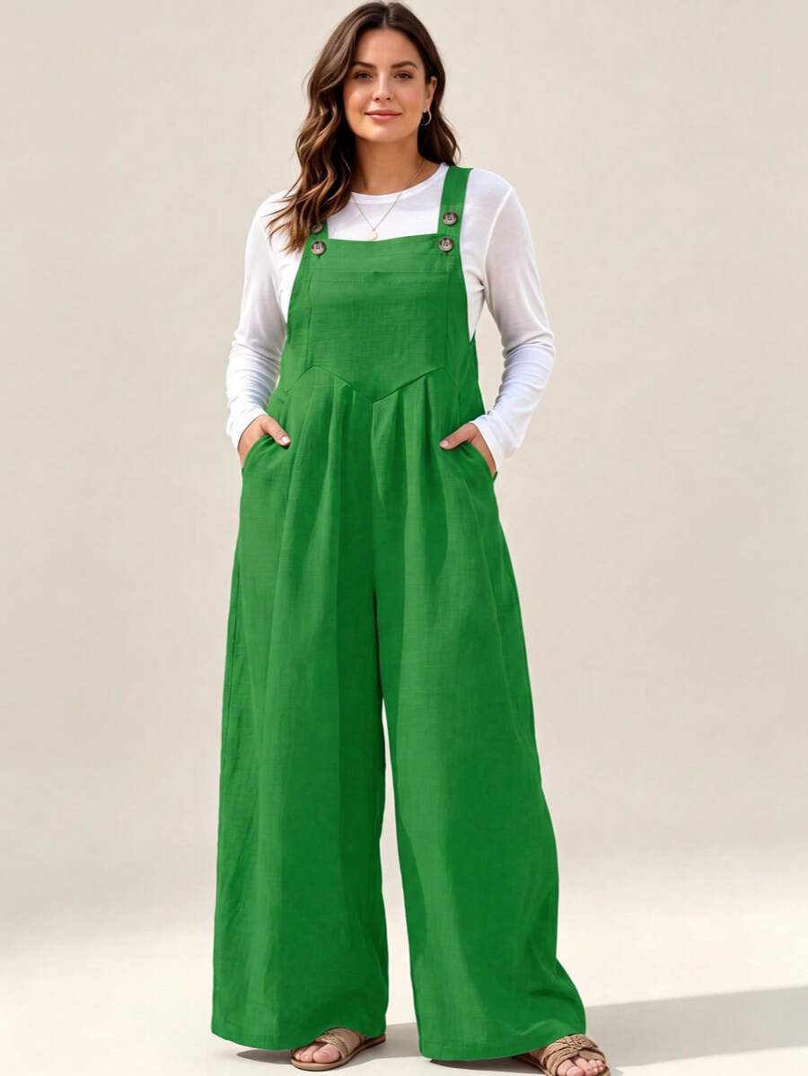 IGKEEL Jumpsuit Kasual Wanita Ukuran Besar dengan Lipit, Kaki Lebar, Warna Polos, Dilengkapi Saku, Musim Semi/Panas